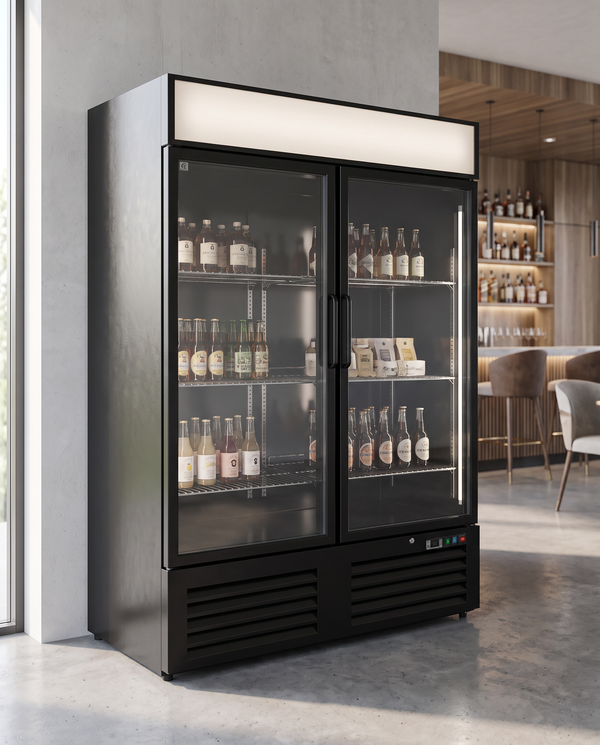 Horeca display koelkast met glazen deur 1200L zwart staal – geforceerd gekoeld, 2 deuren | Gastro-Inox