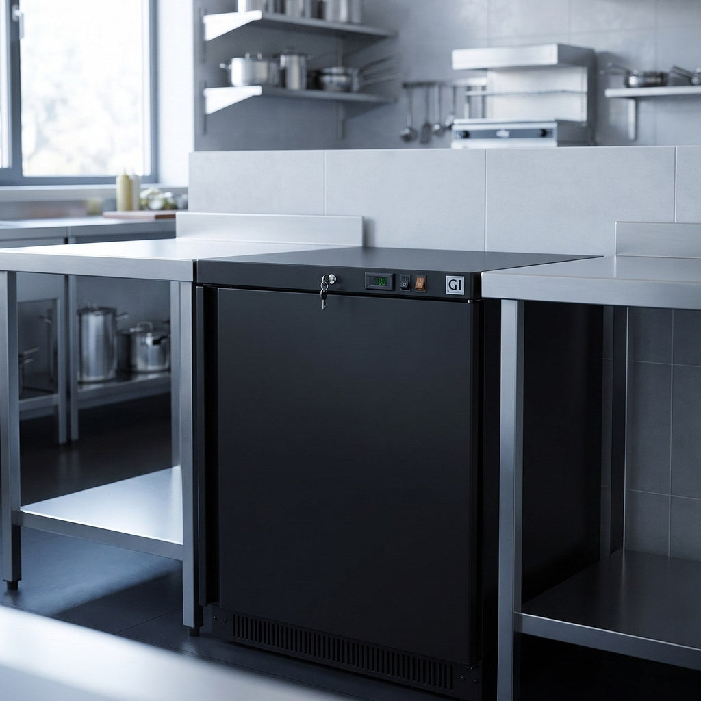 Gastro-Inox zwart stalen vriezer 200L onder RVS werktafel in professionele keuken