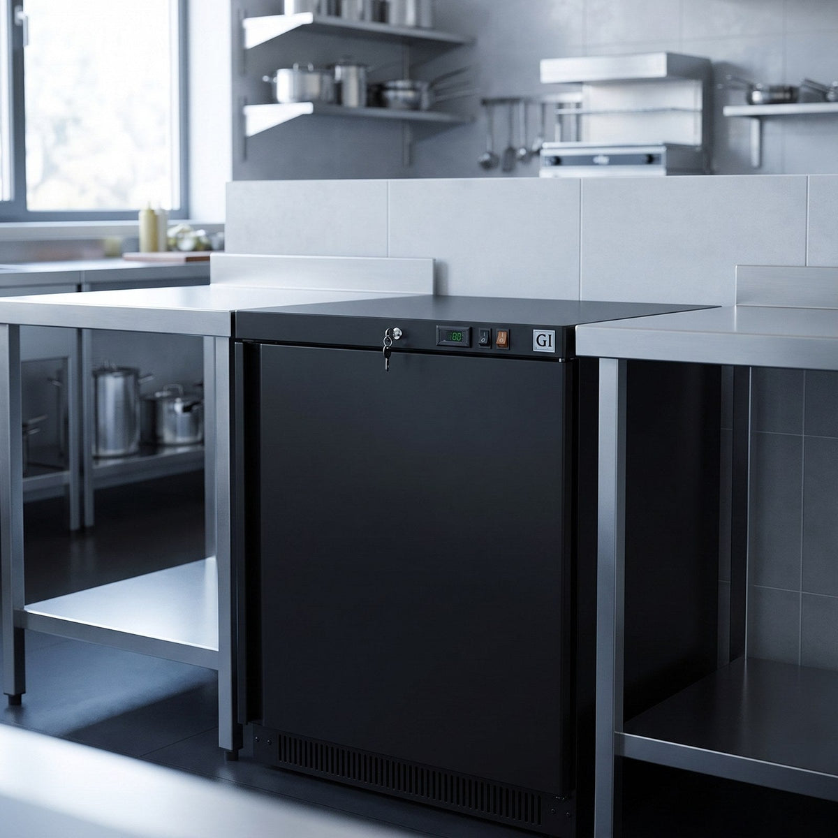 Gastro-Inox zwart stalen vriezer 200L onder RVS werktafel in professionele keuken