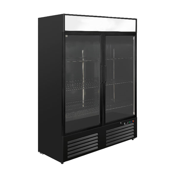 Horeca display vrieskast met glazen deur 1200L zwart staal – geforceerd gekoeld, 2 deuren | Gastro-Inox