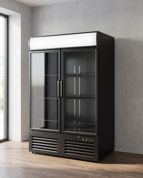 Horeca display vrieskast met glazen deur 1200L zwart staal – geforceerd gekoeld, 2 deuren | Gastro-Inox