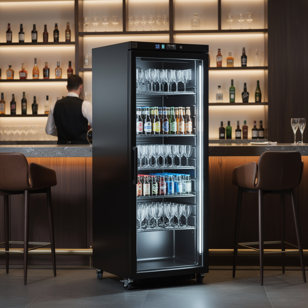 Gastro-Inox zwart stalen koelkast 400L met glasdeur — statisch gekoeld