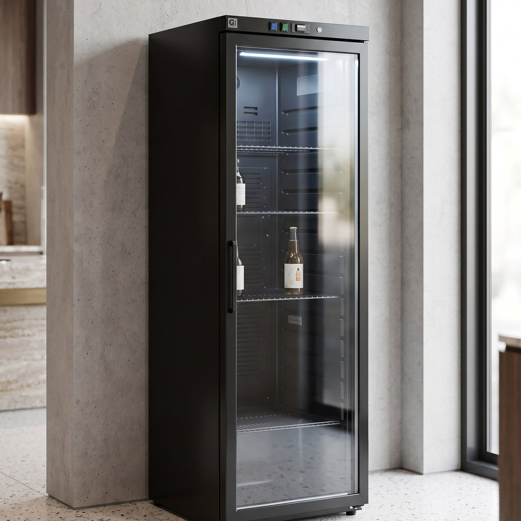 gastro inox zwart stalen koelkast 400l met glasdeur statisch gekoeld