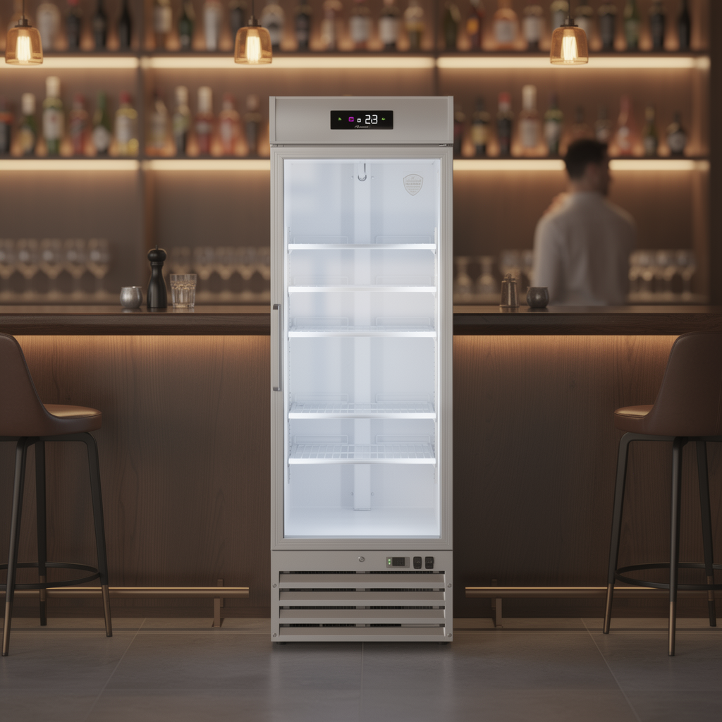 Gastro-Inox wit stalen display koeling 600L met glasdeur — geforceerd gekoeld