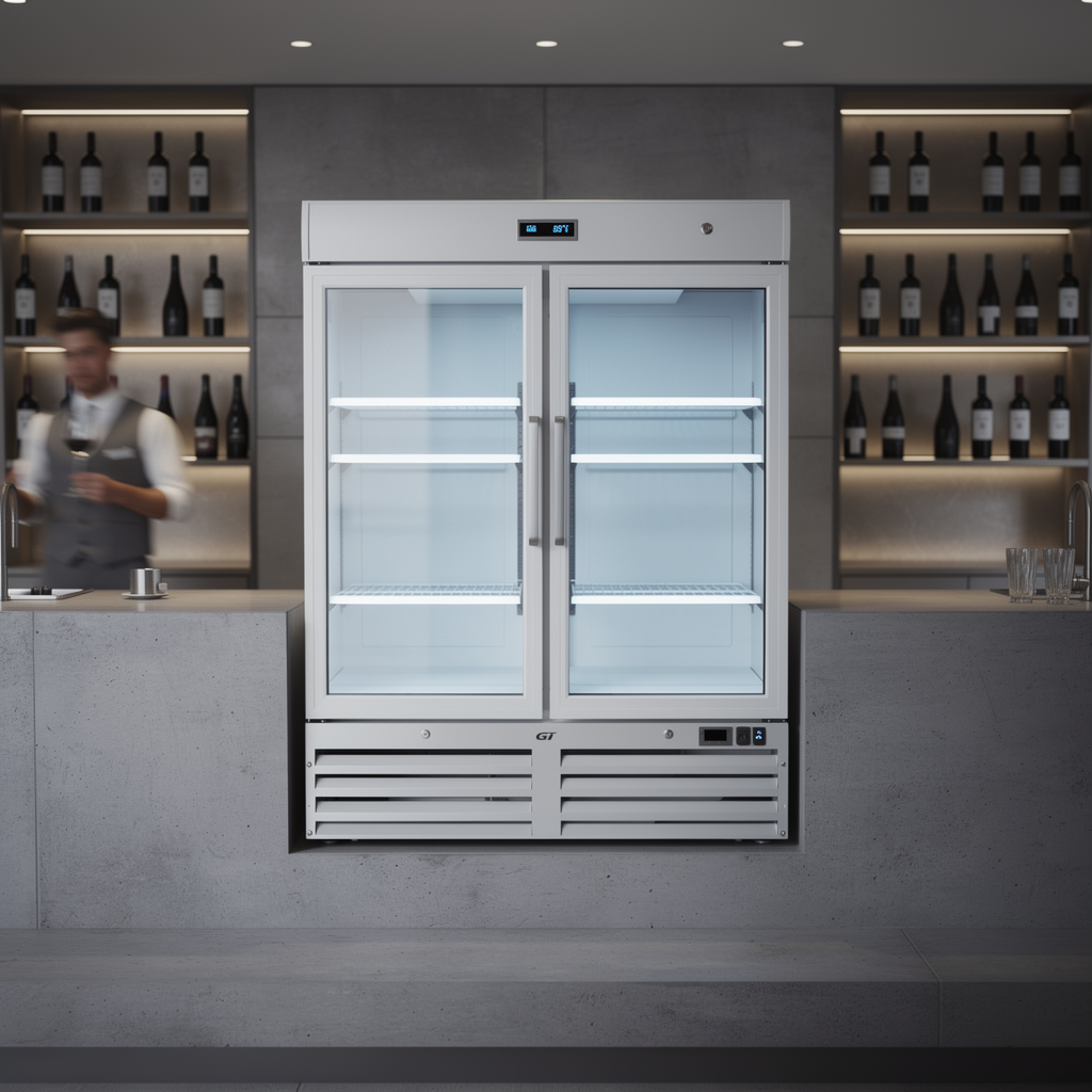 Gastro-Inox wit stalen display koeling 1200L met glasdeuren — geforceerd gekoeld