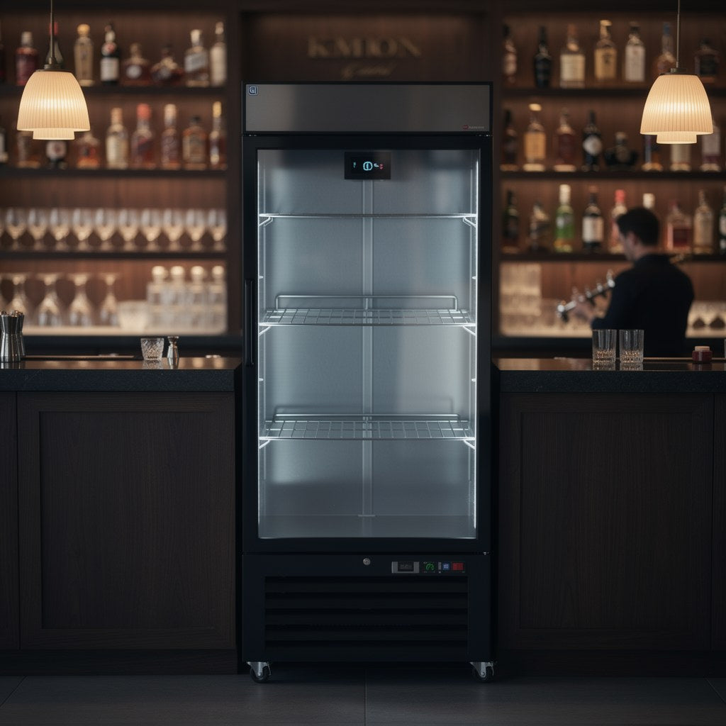 gastro inox zwart stalen display koeling 600l met glasdeur geforceerd gekoeld