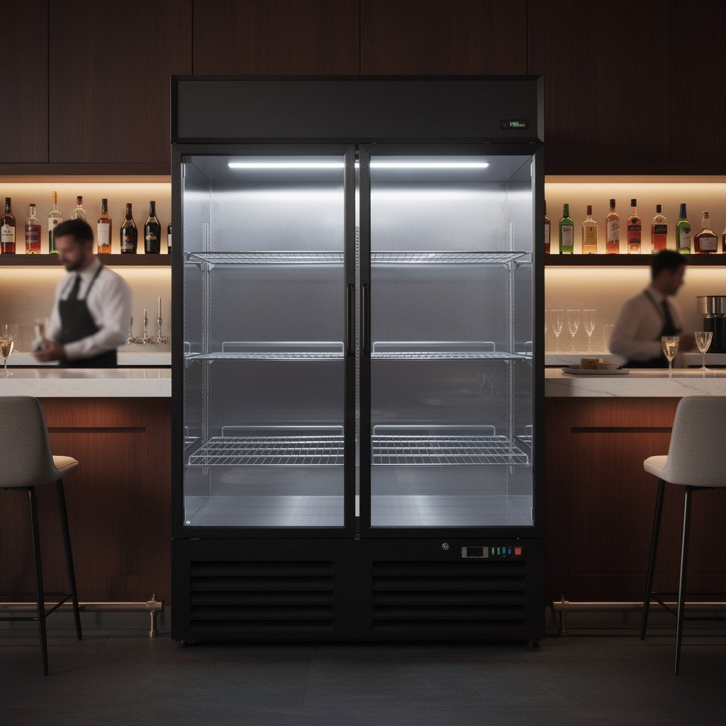 gastro inox zwart stalen display koeling 1200l met glasdeuren geforceerd gekoeld