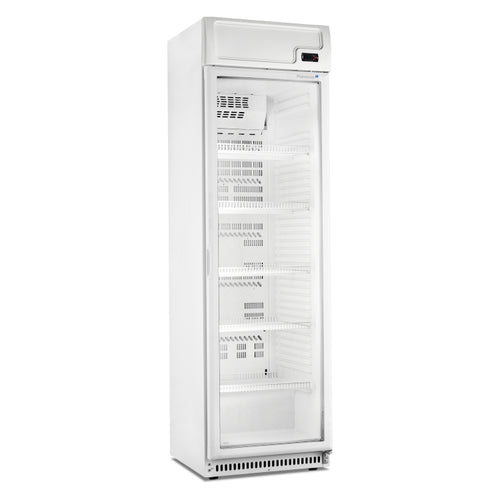 Horeca display koelkast met glazen deur 308L 400-serie wit staal met verlichte banner – statisch met ventilator | Marecos