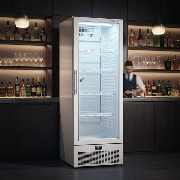 Horeca display koelkast met glazen deur 274L 400-serie wit staal – statisch met ventilator | Marecos