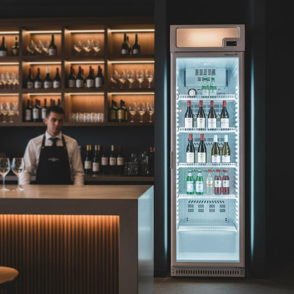 Horeca display koelkast met glazen deur 308L 400-serie wit staal met verlichte banner – statisch met ventilator | Marecos